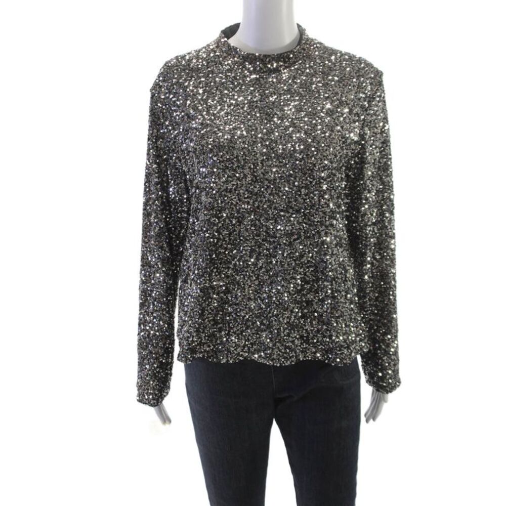Insight Womens Blouse Silver Mock Neck Long Sleeve Zip Polyester Size XL